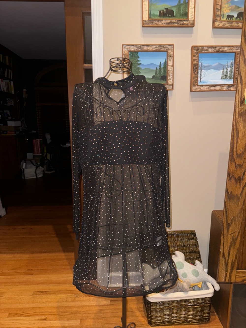 Eva Franco Black Sheer Polka Dot Long-Sleeve Dress
